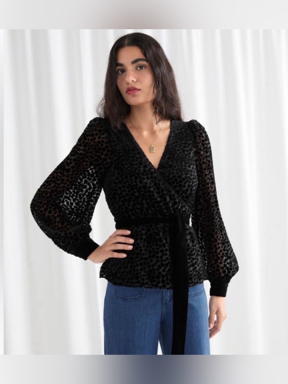 & Other‎ Stories Paris Atelier Black Velvet Dot Burnout Wrap Top Size 10